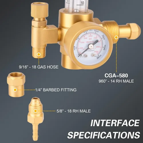 Miniatura 4 de Regulador de CO2 de argón con entrada CGA-580, regulador de presión de gas 0-4000 PSI para máquinas de soldadura TIG MIG, precisión de alto flujo