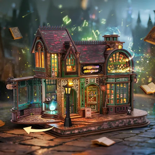 Miniatura 2 de FUNPOLA Rompecabezas de madera 3D con luces LED, kit en miniatura de bricolaje, librería hechizada, exhibición de decoración del hogar, regalo