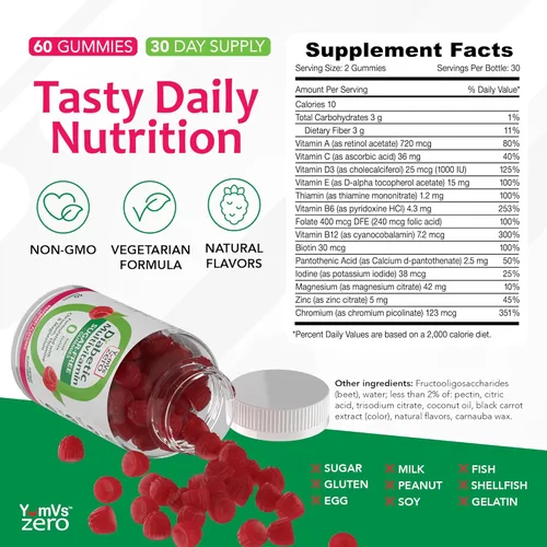 Miniatura 4 de YUM-V'S Gomitas Multivitamínicas Suplemento de Vitaminas Sin Azúcar para Mujeres y Hombres Cromo, Tiamina y Magnesio Gomitas de Sabor Natural