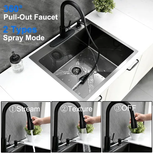 Miniatura 4 de Fregadero utilitario negro, 25 x 22 x 12 pulgadas de profundidad, acero inoxidable negro con grifo y dispensador de jabón, lavabo de montaje