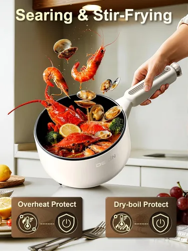 Miniatura 4 de Dezin Olla eléctrica con vaporera, sartén antiadherente para saltear de 2 L, olla eléctrica multifuncional 5 en 1 para bistec, arroz frito, avena
