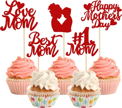 Miniatura 15 de Rsstarxi Paquete de 30 adornos dorados para cupcakes para el Día de la Madre con purpurina para el Día de la Madre, la mejor mamá del mundo