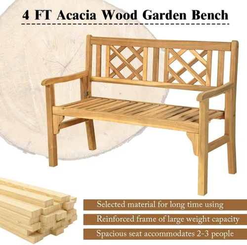 Miniatura 7 de HAPPYGRILL Banco de patio al aire libre, banco de jardín de madera de acacia con respaldo y reposabrazos, silla plegable de 4 pies para dos personas