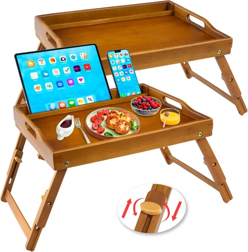 Miniatura 12 de Greenual Paquete de 2 Bandejas de Cama con Asas y Patas Plegables, Bandeja de Bambú para Desayuno con Ranura para Medios, Usar como Bandeja, Blanco