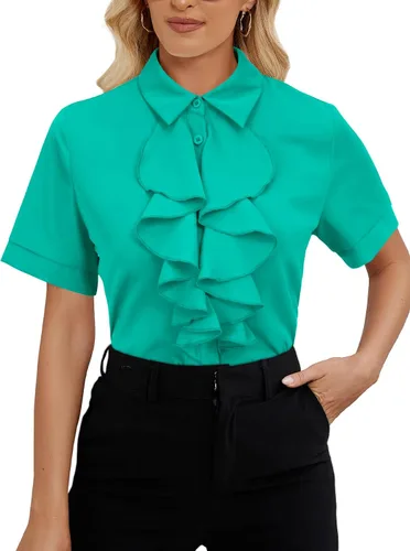 Miniatura 16 de Vrtige Women's Ruffle Front Collar Neck Button Down Short Sleeve Blouse Shirt Top