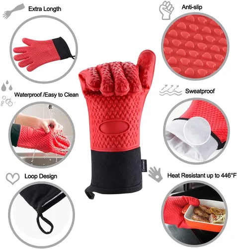 Miniatura 2 de Comsmart Guantes para barbacoa, guantes de silicona resistentes al calor para parrilla, manoplas de horno de cocina impermeables y largas con capa