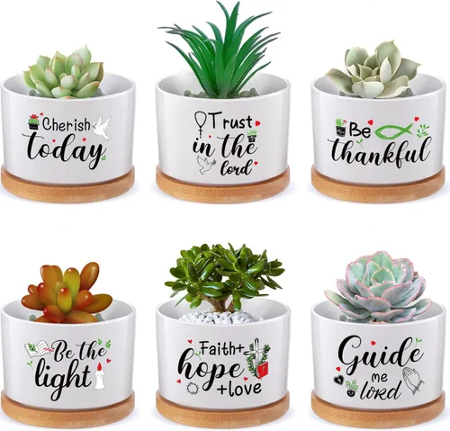 6 piezas de juego de regalos con versículos de la Biblia cristiana, gracioso juego de macetas para plantas suculentas con bandeja de bambú, maceta