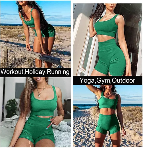 Miniatura 4 de TWFRHC - Conjunto de entrenamiento para mujer, acanalado, de 2 piezas, sin costuras, cintura alta, atuendo para gimnasio, pantalones cortos de yoga