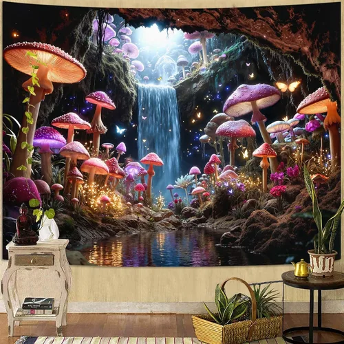 Miniatura 36 de Zussun Tapiz de hongo rojo, tapices de luna y estrella para dormitorio, estética de color beige, noche estrellada, planta verde, tapiz de pared
