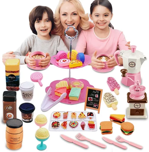 Miniatura 6 de Juego de simulación de fiesta de té para niñas pequeñas, juego de 48 piezas de cafetera y juego de comida de postres para niños de 3, 4, 5, 6, 7, 8