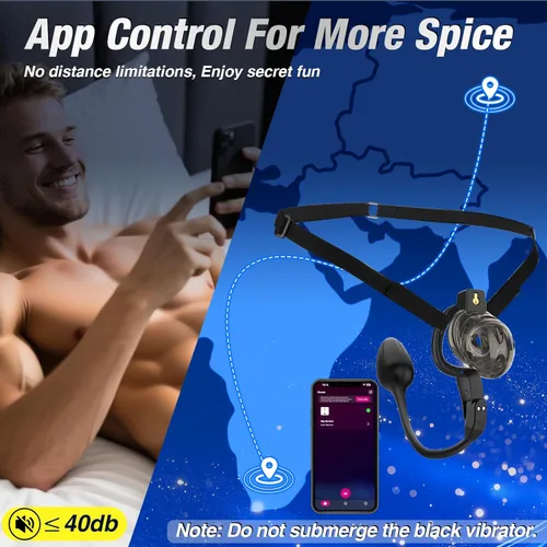 Miniatura 5 de Jaula de Castidad Masculina - Jaula de Pene Suave y Ligera con Anillos de 6 Tamaños, Correa Negra, Vibrador Controlado por App, Cómodo Dispositivo