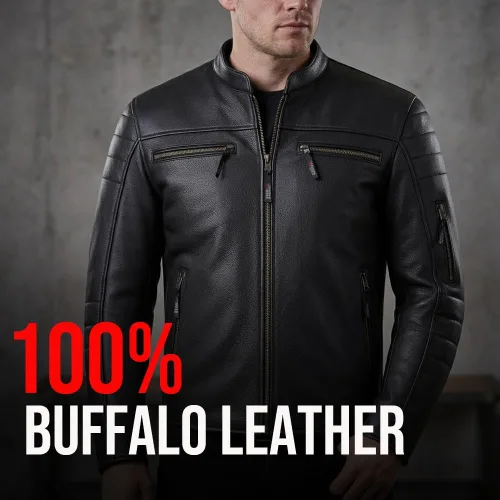 Miniatura 8 de REVOLT Chaqueta de motociclista para hombre, de cuero natural de búfalo, con protección CE - Ventilación, para crucero, motociclista, touring, Marrón