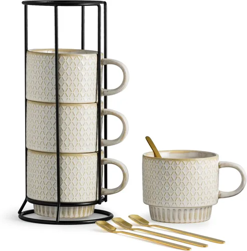 LYEOBOH Juego de 4 tazas de café apilables, tazas de café, tazas con cucharas, juego de tazas de café de 13 onzas con soporte, taza de café de Beige