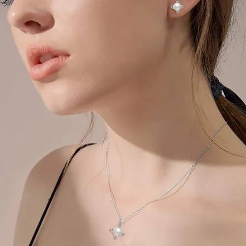 Miniatura 3 de EleQueen 925 Sterling Silver CZ AAA Button Cream Freshwater Cultured Pearl Bridal Pendant Necklace Earrings Jewelry Set for Women Wedding