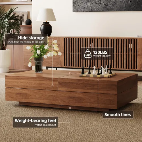 Miniatura 8 de Mesa de centro expandible de mediados de siglo con almacenamiento – Mesa central ajustable de 47.2"-81.9" para la sala de estar, acabado en madera