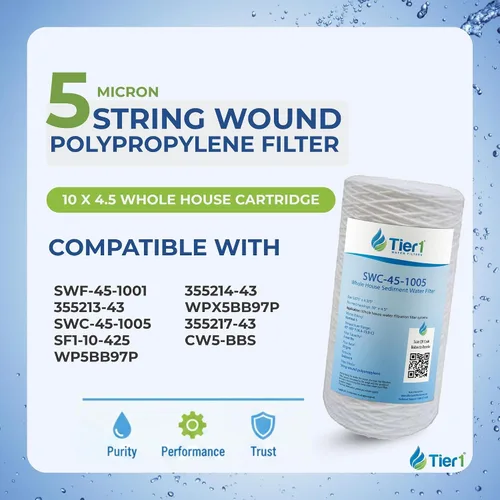 Miniatura 2 de Tier1 Cartucho de repuesto de filtro de agua para sedimentos de polipropileno enrollado de 5 micrones, 10 x 4.5 pulgadas, paquete de 4