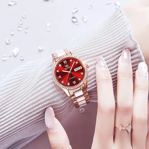 Miniatura 3 de OLEVS Relojes de oro rosa para mujer correa de acero inoxidable de cerámica reloj mecánico automático calendario de puntero luminoso impermeable