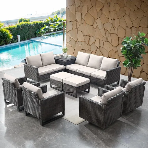 Miniatura 136 de HUMMUH Juego de 2 sillas giratorias para patio, mimbre de polietileno, para exteriores, bistró, porche, balcón, muebles con cojines Gris/gris