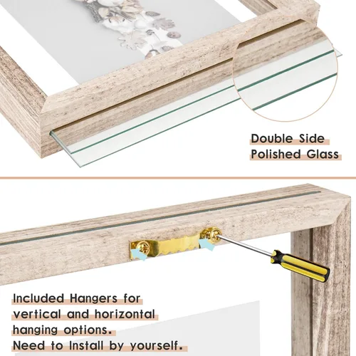Miniatura 6 de MUYE Marcos flotantes de 5 x 7 pulgadas, patrón de madera blanca y beige envejecida, marco de fotos de doble cristal para mostrar fotos de cualquier