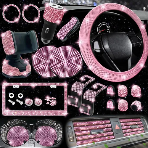 Miniatura 18 de NBTEPEM 27 piezas de juego de accesorios brillantes para auto en color aguamarina para mujeres, fundas para volante de ajuste universal de 15