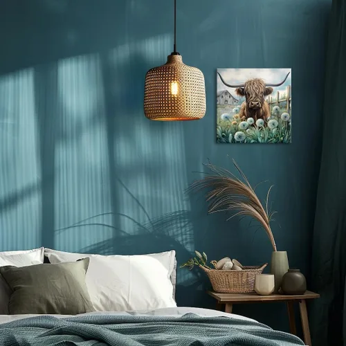Miniatura 3 de YUEYARIT Decoración de pared de vaca de las tierras altas de granja en verde azulado y marrón: imagen rústica de vaca y diente de león, impresión