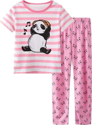 Conjunto de pijama de manga corta con estampado de dibujos animados y pantalones largos color rosa. Set de pijamas para tallas 12-18.