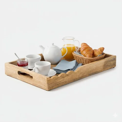 Mela Artisans Bandeja de madera para servir con asas, 15 x 10 x 1.75 pulgadas, bandeja decorativa de madera de mango, bandeja otomana, aperitivos,