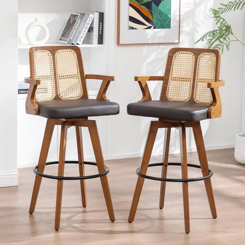 Miniatura 11 de Juego de 2 Taburetes de Mostrador - Taburetes Giratorios de 27 Pulgadas con Respaldo de Ratán, Brazos Curvos, Asiento Tapizado, Patas de Bambú Nogal