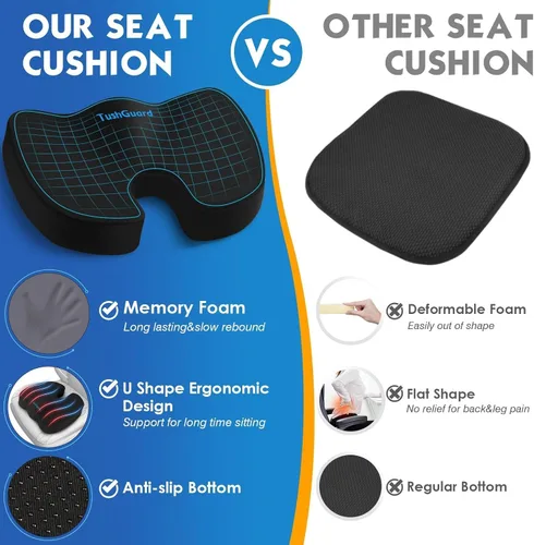 Miniatura 4 de TushGuard - Cojín de asiento para silla de oficina de espuma viscoelástica antideslizante, cojín de escritorio para la espalda, coxis, ciática, Negro