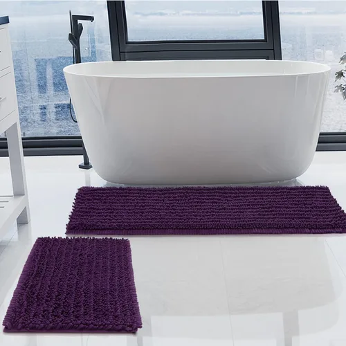Miniatura 30 de Juego de 2 alfombras de baño de felpilla de lujo, parte inferior de goma termofusible gruesa, antideslizantes, alfombras de baño de secado rápido