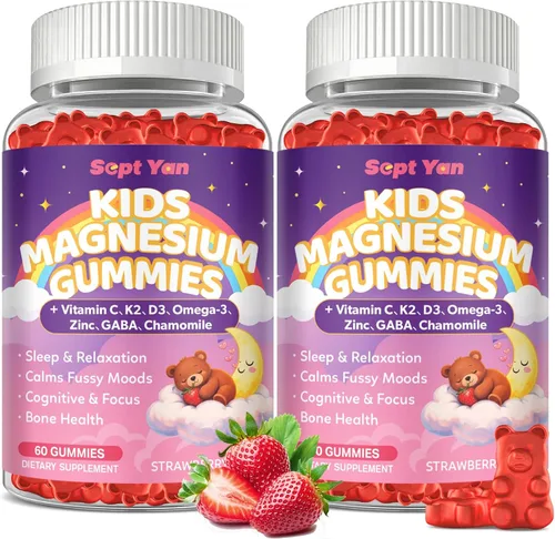 Miniatura 10 de Gomitas calmantes de magnesio para niños y adultos, complejo de magnesio con L-teanina, vitamina C, K2, D3, Omega-3, GABA, manzanilla, apoya