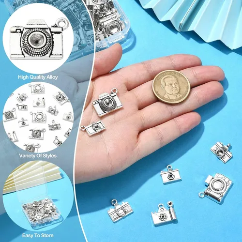 Miniatura 3 de KitBeads 70 piezas de 7 estilos tibetanos para cámara tibetana, dijes de viaje de plata antigua, dijes de fotografía vintage para collares, pulseras