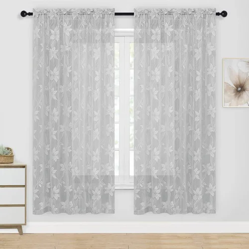 Miniatura 58 de DWCN Paquete de 2 cenefas de encaje floral para cocina, 52 x 18 pulgadas, con bolsillo para barra, cortina de gasa para ventana pequeña, cocina