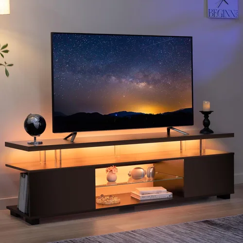 Miniatura 7 de Cubehom Soporte de TV negro, soporte de TV LED para sala de estar, centro de entretenimiento de cristal, mesas de consola de TV para sala de estar