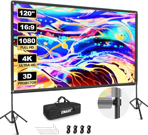 EMART Pantalla de proyector para exteriores con soporte, 120 pulgadas portátil para interiores 16:9 4K HD pantallas de cine delanteras traseras y