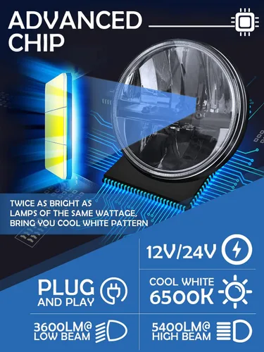 Miniatura 5 de ZIMABLUE Faros delanteros LED de 7 pulgadas, 2 unidades, luz blanca fría, luz alta y baja, faros delanteros redondos de 7 pulgadas, H6024, faro LED