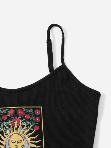 Miniatura 4 de SOLY HUX Camiseta corta de punto acanalado con tirantes delgados y estampado floral para mujer