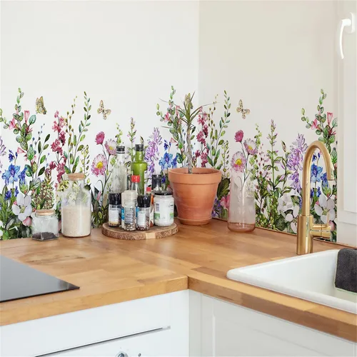 Miniatura 4 de Calcomanía de pared de flores coloridas y mariposas, arte floral de sacinora con plantas verdes, vinilo extraíble para despegar y pegar para sala