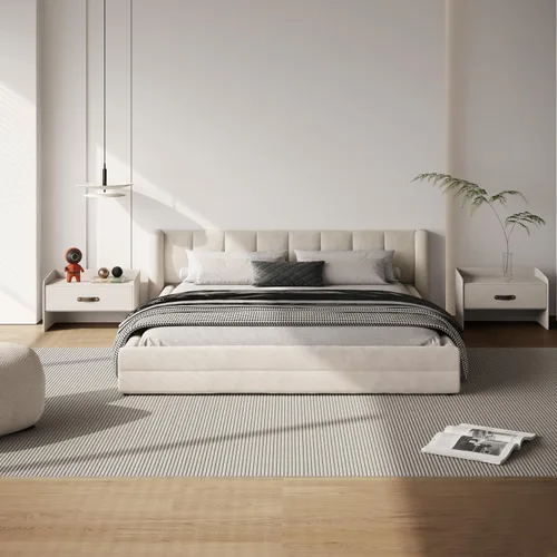 Miniatura 6 de DEINPPA - Marco de cama tamaño Queen con cabecero suave tipo nube, base de cama de madera con tapizado de chenilla, no necesita somier - Beige