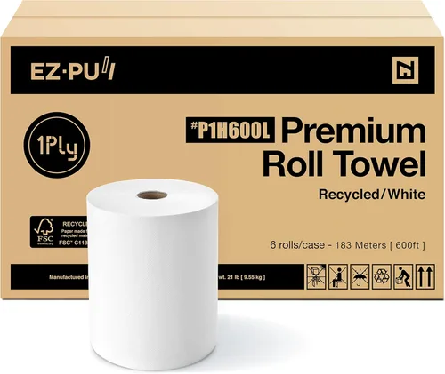 EZ-Pull P1H600L - Rollo de papel prémium de 1 capa, certificado FSC, reciclado/blanco, 6 rollos x 600 pies, núcleo universal de 8.0 x 1.5 pulgadas,