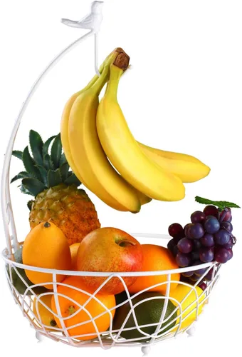 Miniatura 9 de Buruis Cesta de frutas con colgador de plátanos, contenedor de frutas con diseño moderno de pájaros, cesta de mesa creativa para encimera de cocina