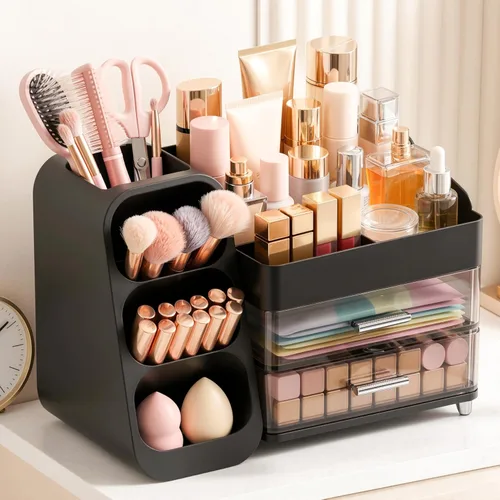 Organizador de maquillaje de gran capacidad con soporte para brochas de maquillaje para tocador, material grueso, organizador de encimera de baño,