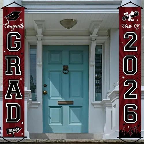 Miniatura 12 de Cartel de graduación 2026, decoraciones de graduación negro y dorado, letrero de porche de clase de 2026, decoración de puerta de felicitaciones