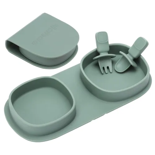 Miniatura 10 de Platos llanos plegables de silicona, platos para bebé, esenciales de viaje con tenedores y cucharas, aptos para microondas y lavavajillas, aguamarina