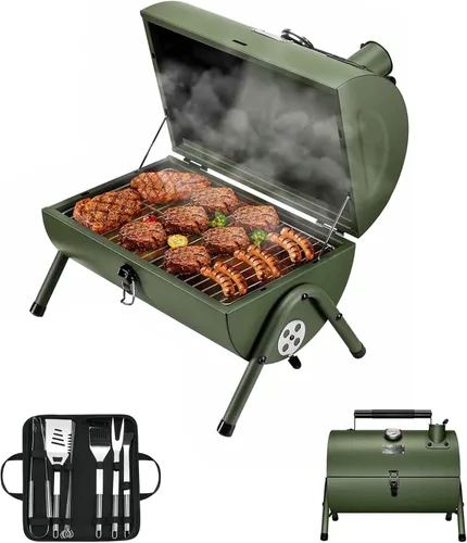 Miniatura 7 de MAISON HUIS Barbacoa de carbón portátil ajustable, multifuncional, metálica, pequeña, para barbacoa, ahumador, para senderismo al aire libre (Negro)