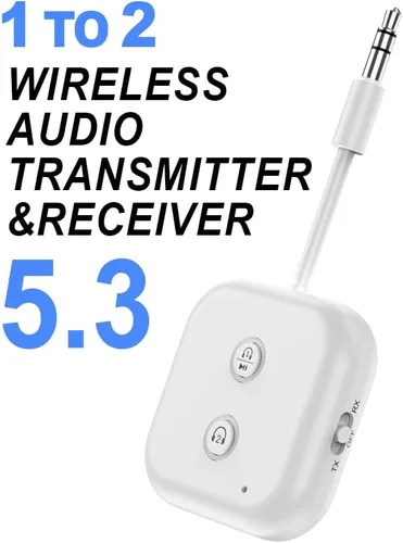 Receptor transmisor Bluetooth 5.3 para hasta 2 auriculares, adaptador de audio auxiliar de 0.138 in de doble enlace, transmisor inalámbrico Negro