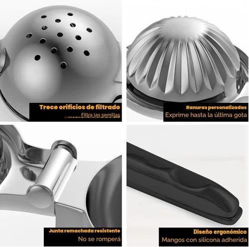 Miniatura 4 de Exprimidor de limón de acero inoxidable - Exprimidor de cítricos de metal - Exprimidor de limón y frutas con asas de silicona - Exprimidor manual