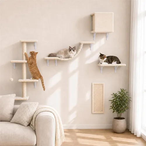 Miniatura 7 de Muebles modernos para gatos montados en la pared, 5 estantes de pared para gatos, escalador de madera incluye casa, puente, árbol, escalones