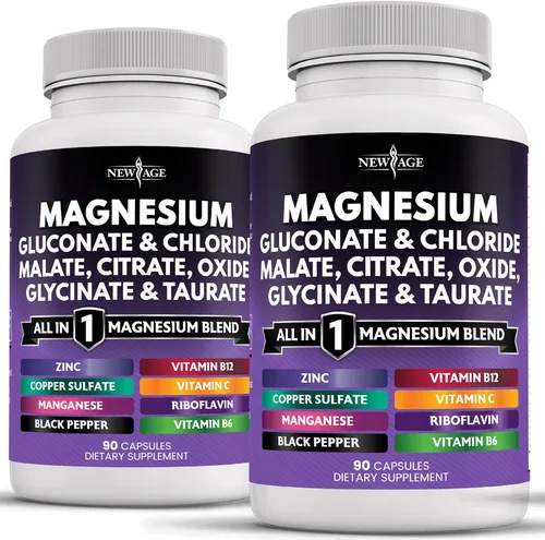 NEW AGE Suplemento de Magnesio - Potente Glicinato Citrato Malato Óxido Taurato Aspartato Gluconato Orotato y Cloruro de Mag Manganeso, Soporte para