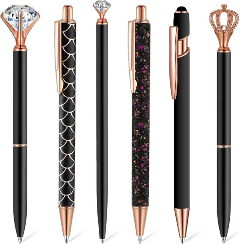 Qeeenar Juego de 6 bolígrafos de bola de metal con cristales de diamante para diario, bonitos y brillantes, elegantes artículos de papelería, tinta